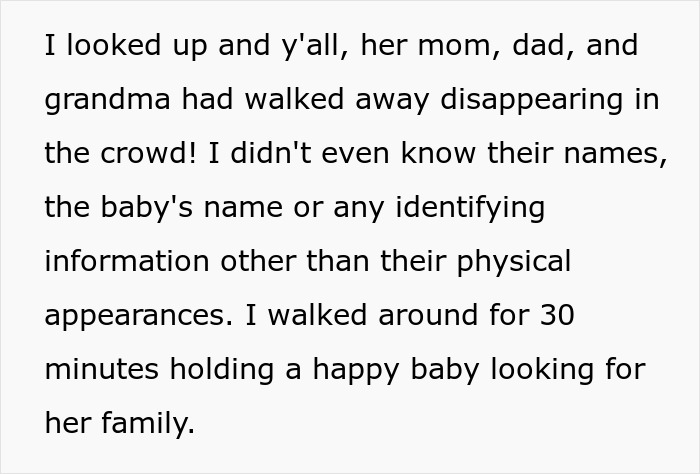 Theme park worker carrying unknown baby for 30 minutes while parents vanish into crowded park area.
