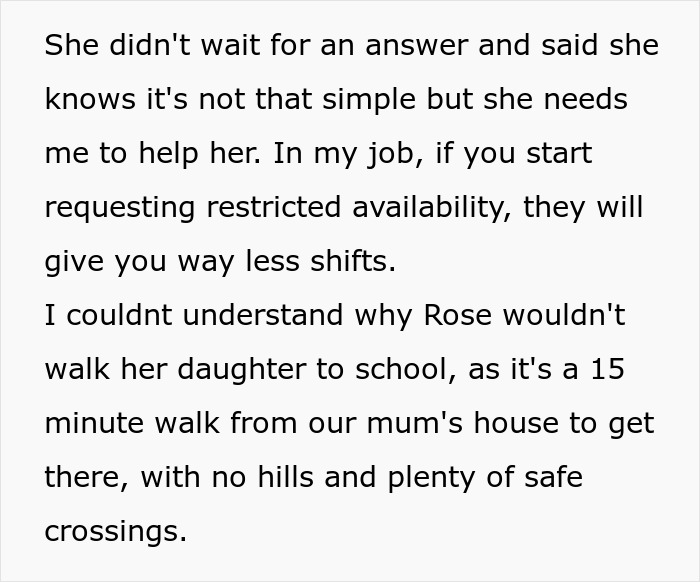 Text excerpt discussing a woman refusing to take her niece to school, triggering a family-wide meltdown.