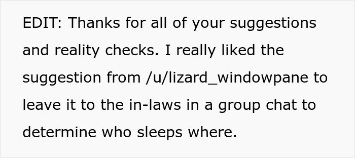 Text discussing a pregnant sister-in-law offended after being given an air mattress and losing the couple's room.