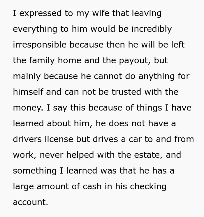 Text excerpt discussing a man who supports his in-laws and concerns about the mother-in-law cutting his wife out of the will.