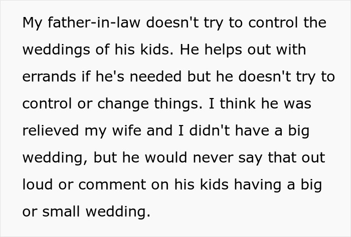 Text excerpt about father-in-law not controlling kids' weddings and support, related to big wedding decision and rejection sensitivity.
