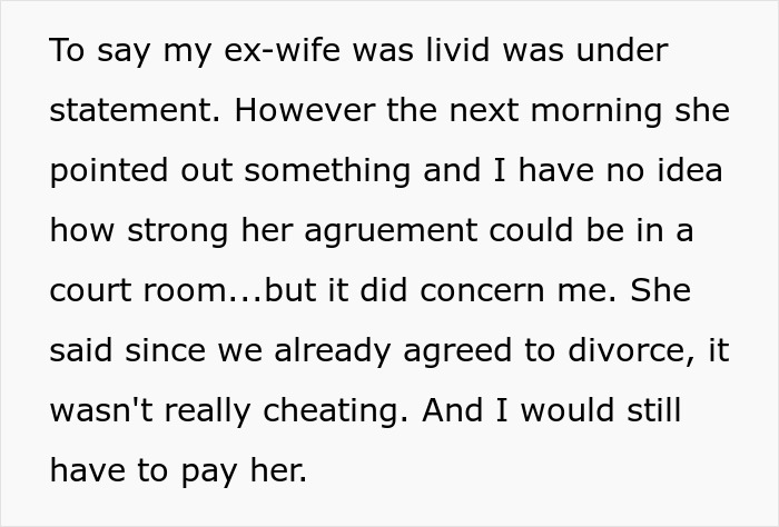 Man happy after discovering ex-wife caught cheating, reflecting on divorce and unexpected financial concerns.