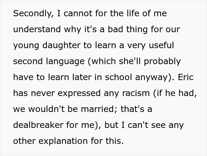 Text excerpt discussing a husband banning daughter from Spanish lessons with no expressed racism but unclear reasons behind it.