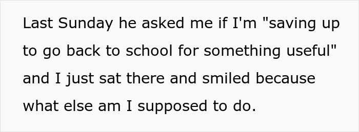 Text excerpt showing a humorous comment mocking a daughter's boyfriend about his job, sparking laughter. Text excerpt showing a humorous comment mocking a daughter's boyfriend about his job, sparking laughter.