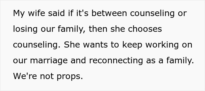Text about a husband feeling hurt as his wife prioritizes counseling and work over their 10-year-old child and family.