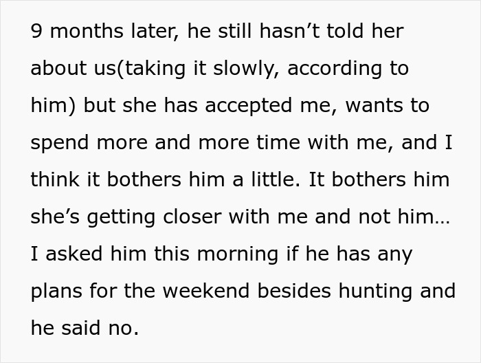 Text excerpt about fiance babysitting daughter and weekend plans involving hunting discussed in a casual conversation.