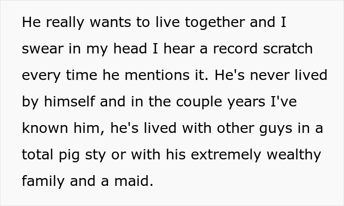 Text excerpt about feeling uneasy when boyfriend mentions moving in due to fear of turning into a mommy maid role. Text excerpt about feeling uneasy when boyfriend mentions moving in due to fear of turning into a mommy maid role.