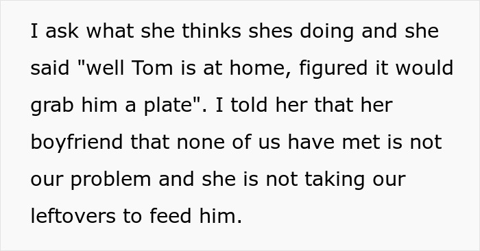 Text excerpt showing a conversation about a MIL hogging Thanksgiving food and being confronted by the DIL. Text excerpt showing a conversation about a MIL hogging Thanksgiving food and being confronted by the DIL.