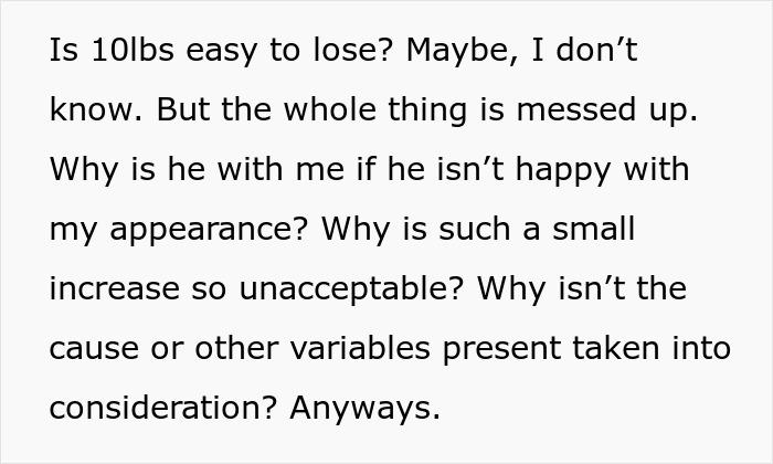 Text excerpt discussing the difficulty of losing 10 pounds and questioning a partner's dissatisfaction with a small weight increase. Text excerpt discussing the difficulty of losing 10 pounds and questioning a partner's dissatisfaction with a small weight increase.