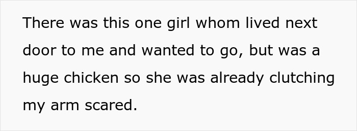 Text excerpt showing a scared girl clutching an arm, related to entitled parents on a haunted hayride with scared kids.