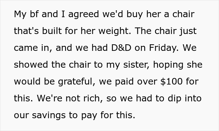 Text discussing buying a separate $100 chair built for weight, causing an obese lady's upset reaction and fat-shaming.