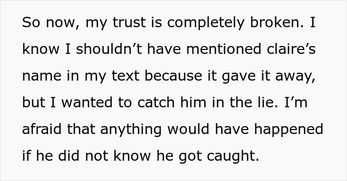 Text showing a woman&rsquo;s broken trust after catching her boyfriend cheating during a vacation through a revealing message.