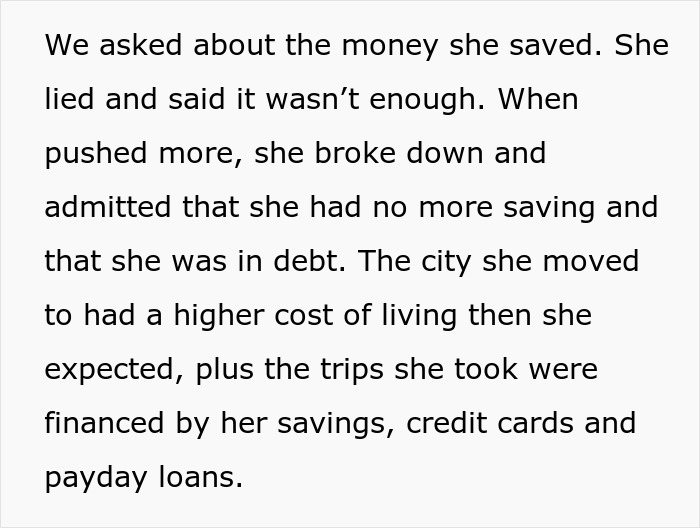 Text excerpt discussing daughter money surgeries, debt, savings, credit cards, and high cost of living challenges.