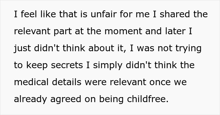 Text of a woman explaining she didn&rsquo;t share about her hysterectomy with fianc&eacute;, related to childfree couple conflict.