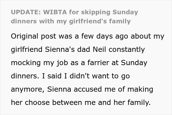 Text post about a funny guy mocking daughter's boyfriend's job as a farrier and dealing with family conflicts. Text post about a funny guy mocking daughter's boyfriend's job as a farrier and dealing with family conflicts.