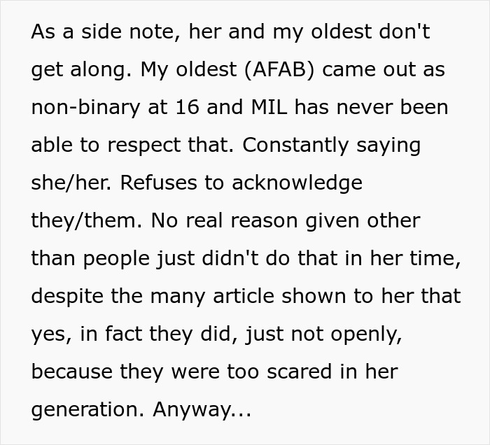 Text discussing a woman&rsquo;s struggle with her MIL refusing to respect her non-binary child&rsquo;s pronouns during Thanksgiving.