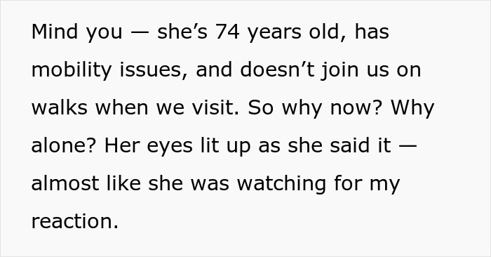 Text excerpt discussing discomfort with leaving baby alone with mom or mother-in-law due to mobility issues and concern.