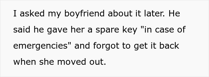 Text excerpt about a guy secretly giving his sister a spare key to his girlfriend&rsquo;s house causing conflict when he refuses to take it back.