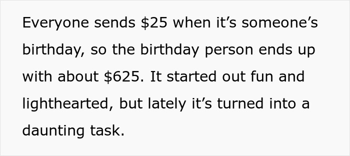 Text about birthday money from family chat explaining sending $25 gifts adds up but feels daunting over time