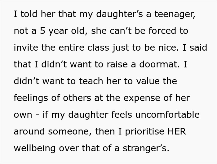 Alt text: Text discussing a mom defending her 13-year-old daughter's choice not to invite one girl from school.