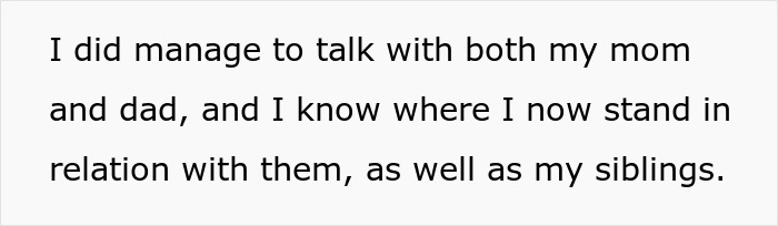 Text excerpt about talking with mom and dad, reflecting on family dynamics involving mom affair and college money issues.