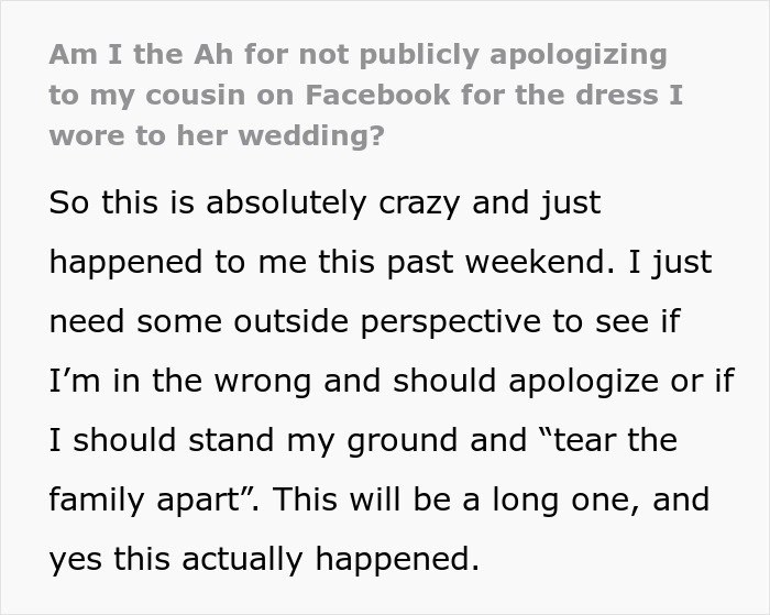 Text excerpt discussing a bride's mad cousin upset over the dress worn at a wedding event.