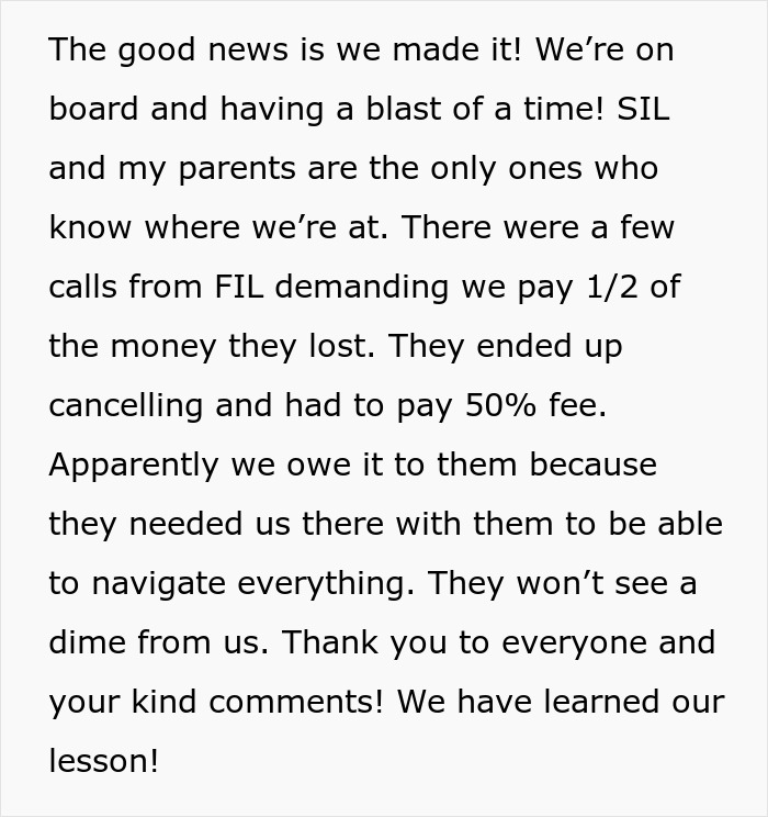 Text excerpt about a vacation dispute involving MIL and a couple navigating financial demands and cancellations.