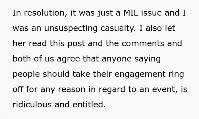 Text excerpt discussing a family disagreement over wearing an engagement ring and stealing spotlight with a baby.