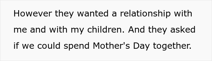Text excerpt about estranged parents wanting a relationship and asking to spend Mother's Day together after years of neglect.