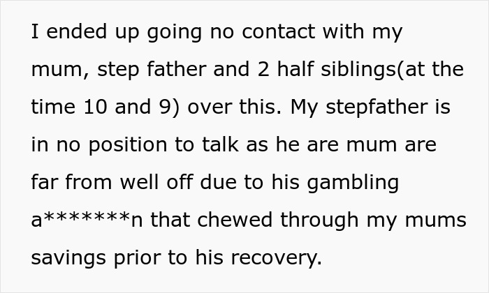 Text excerpt about woman called poor by stepdad accused of flexing wealth after giving stepsiblings cars and cash.