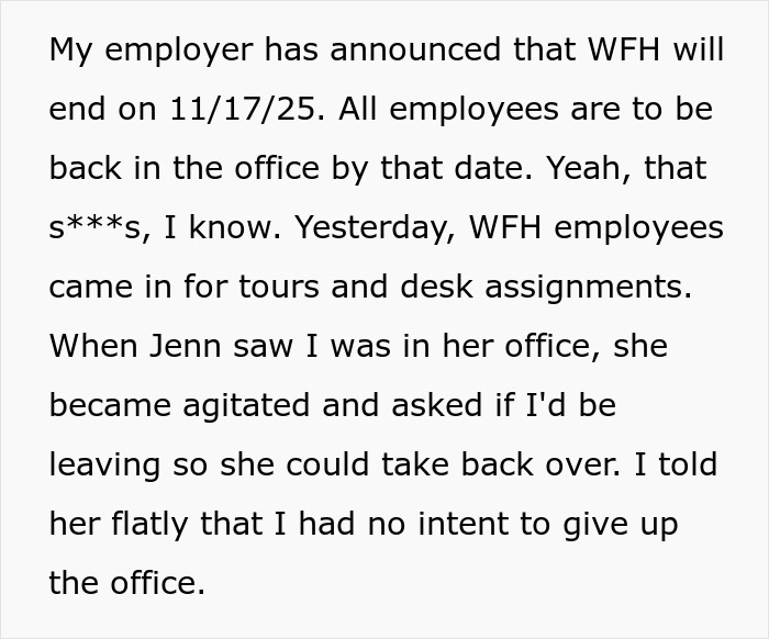 Woman expects her private office back after working from home for 2 years, faces unexpected reality at workplace.