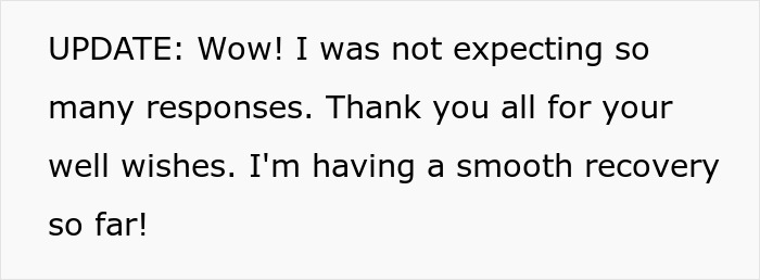 Text message update thanking for well wishes and mentioning a smooth recovery after surgery, highlighting boyfriend upgrade need.
