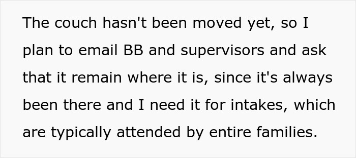 Text message discussing a delayed office swap and a plan to email supervisors about keeping the couch in place.