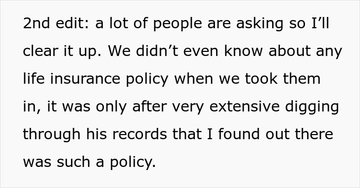 Text excerpt discussing discovering a life insurance policy after extensive record digging by a man supporting his in-laws.