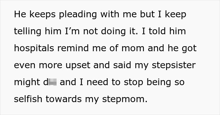 Text showing a sad teen refusing to visit a special needs stepsister in the hospital, feeling upset and conflicted.