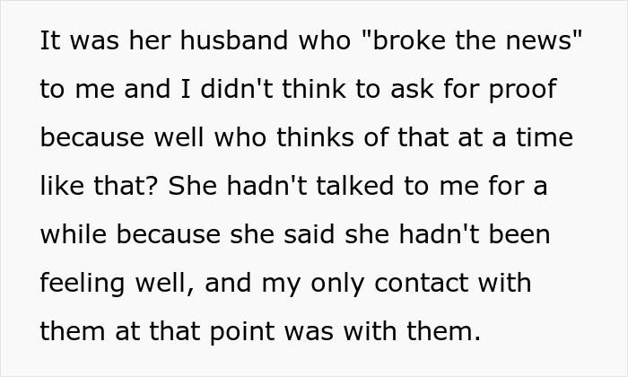Text excerpt discussing a late half-sis lying about medical bills and a woman shocked by the truth years later.