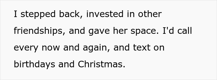 Text describing giving space in a best friend no contact returns situation, maintaining occasional birthday and holiday communication.