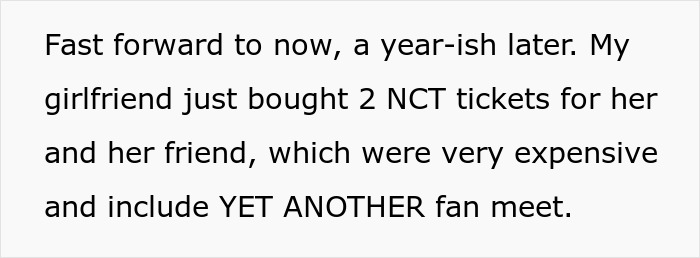 Text excerpt about a girlfriend buying expensive NCT tickets for a fan meet, highlighting K-pop fangirling.