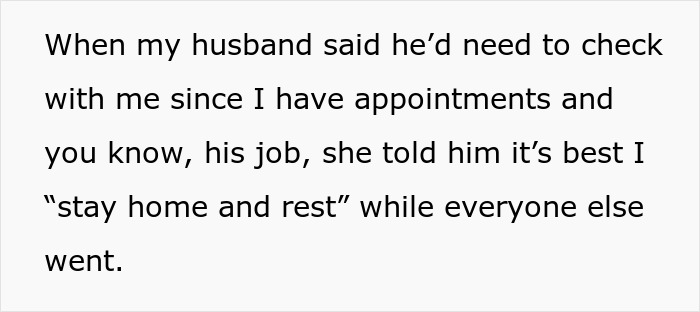 Alt text: Text about woman purposely excluding sick daughter-in-law from family holiday and conflict after she snaps at her Alt text: Text about woman purposely excluding sick daughter-in-law from family holiday and conflict after she snaps at her