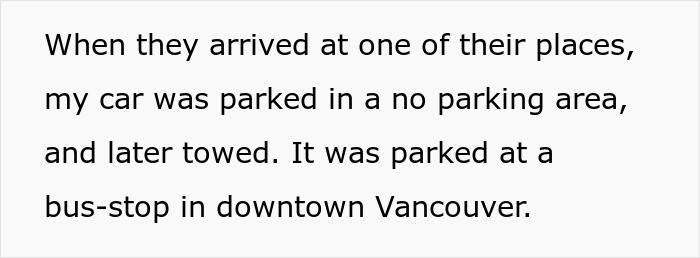 Text excerpt about a car being parked illegally and towed at a bus stop in downtown Vancouver after a night of clubbing.