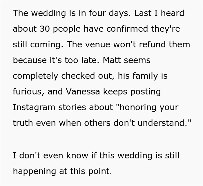 Text excerpt describing chaos and shock caused by a spiritual bride&rsquo;s decision two weeks before the wedding.