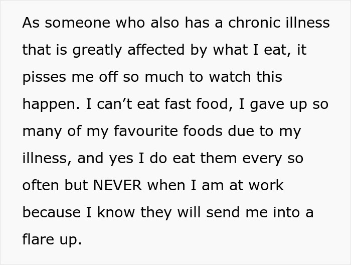 Alt text: Woman eats what she shouldn&rsquo;t at work, causing a coworker to suffer the consequences in a shared office setting.