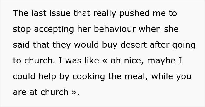 Text excerpt discussing conflict over praying and church, related to MIL making son's girlfriend sleep in another room.