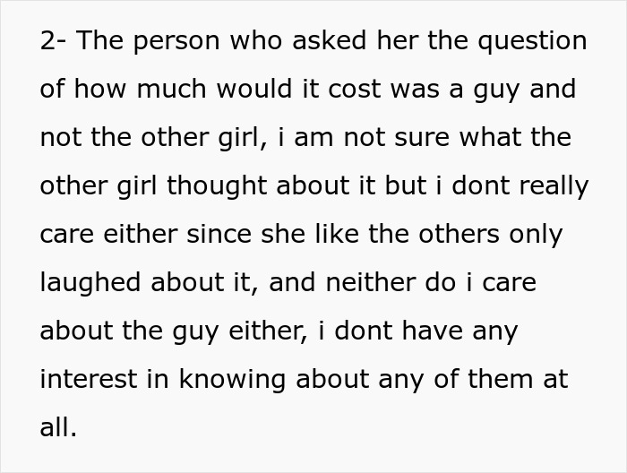 Text on a white background discussing a person questioning costs and reactions to a girlfriend kissing another woman in front of friends.
