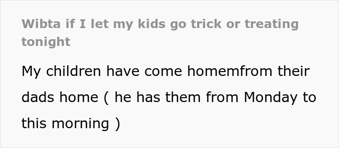 Text post showing a Halloween discussion about a lady going on a power trip affecting her boyfriend's kids.