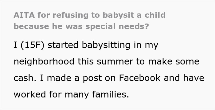 Teen sitter arrives to care for nonverbal bedridden boy after being hired to watch an independent child with special needs.