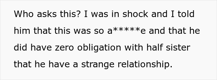 Text excerpt showing a woman expressing shock about her brother&rsquo;s strange relationship and lack of obligation to pay her bills.