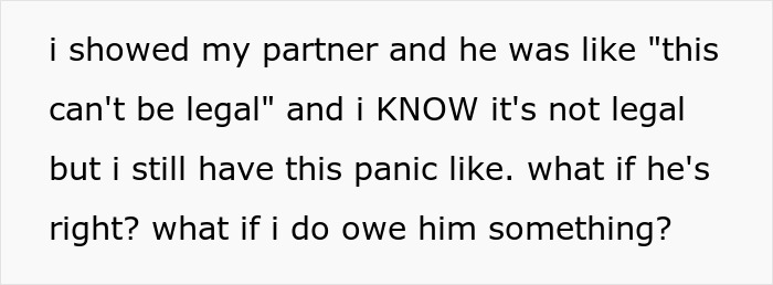 Text message expressing panic after being charged $15K for raising a daughter as a minor, questioning legality and debt. Text message expressing panic after being charged $15K for raising a daughter as a minor, questioning legality and debt.