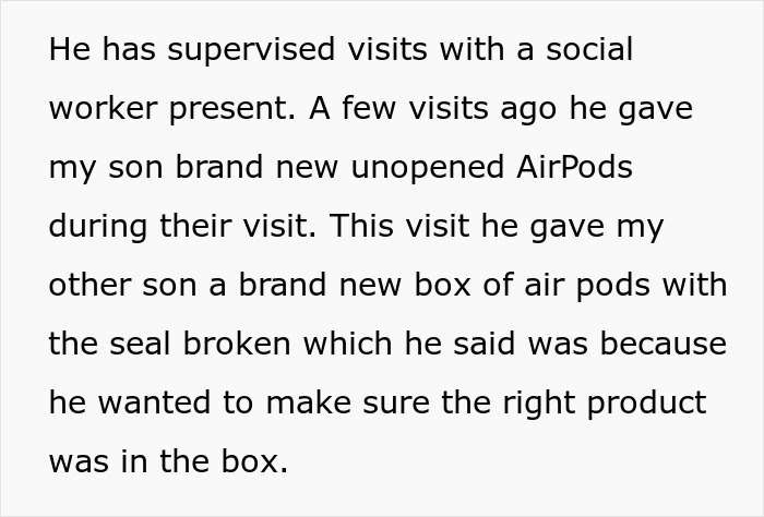 Text describing a mother horrified after learning the brand-new AirPods given by ex-husband to son are traceable.