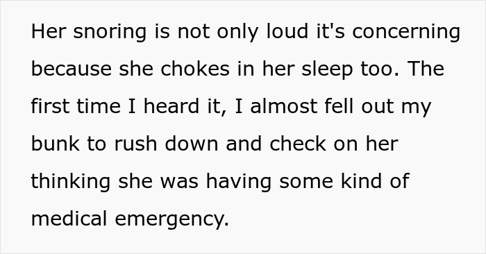 Text discussing a woman&rsquo;s loud and concerning snoring causing sleep disruption for her roommate.